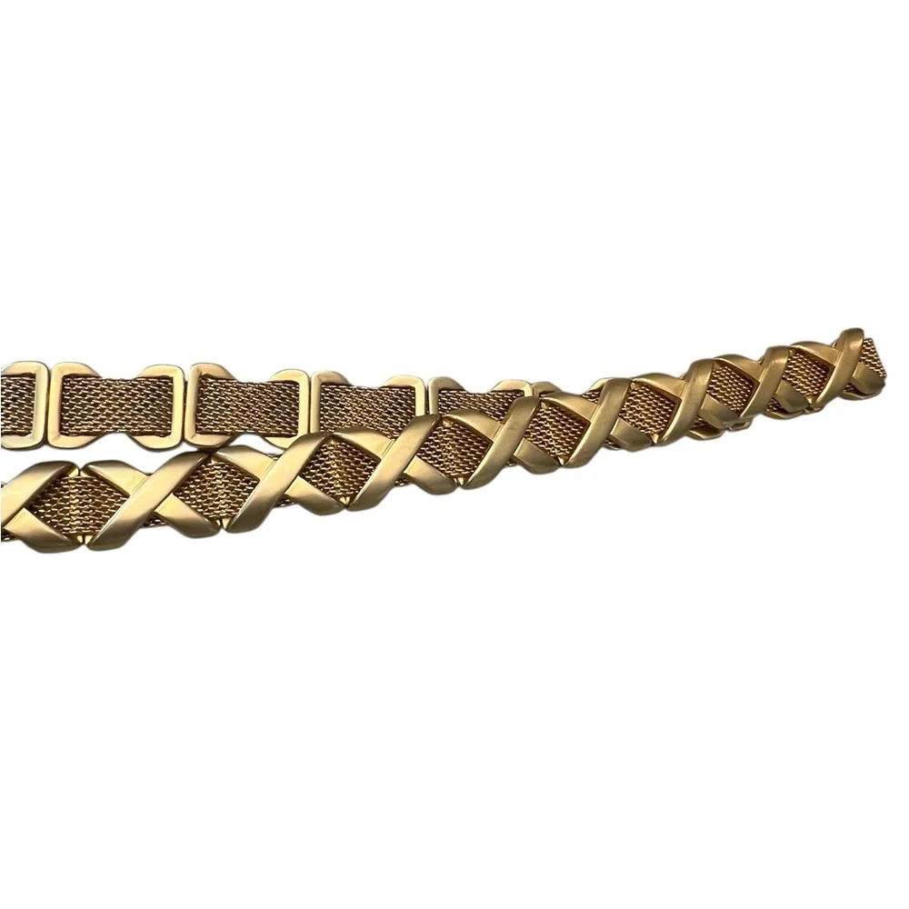 Vintage Gold Tone Metal Mesh Belt Criss Cross X’s 33.5-34.5” With Buckle Pretty!